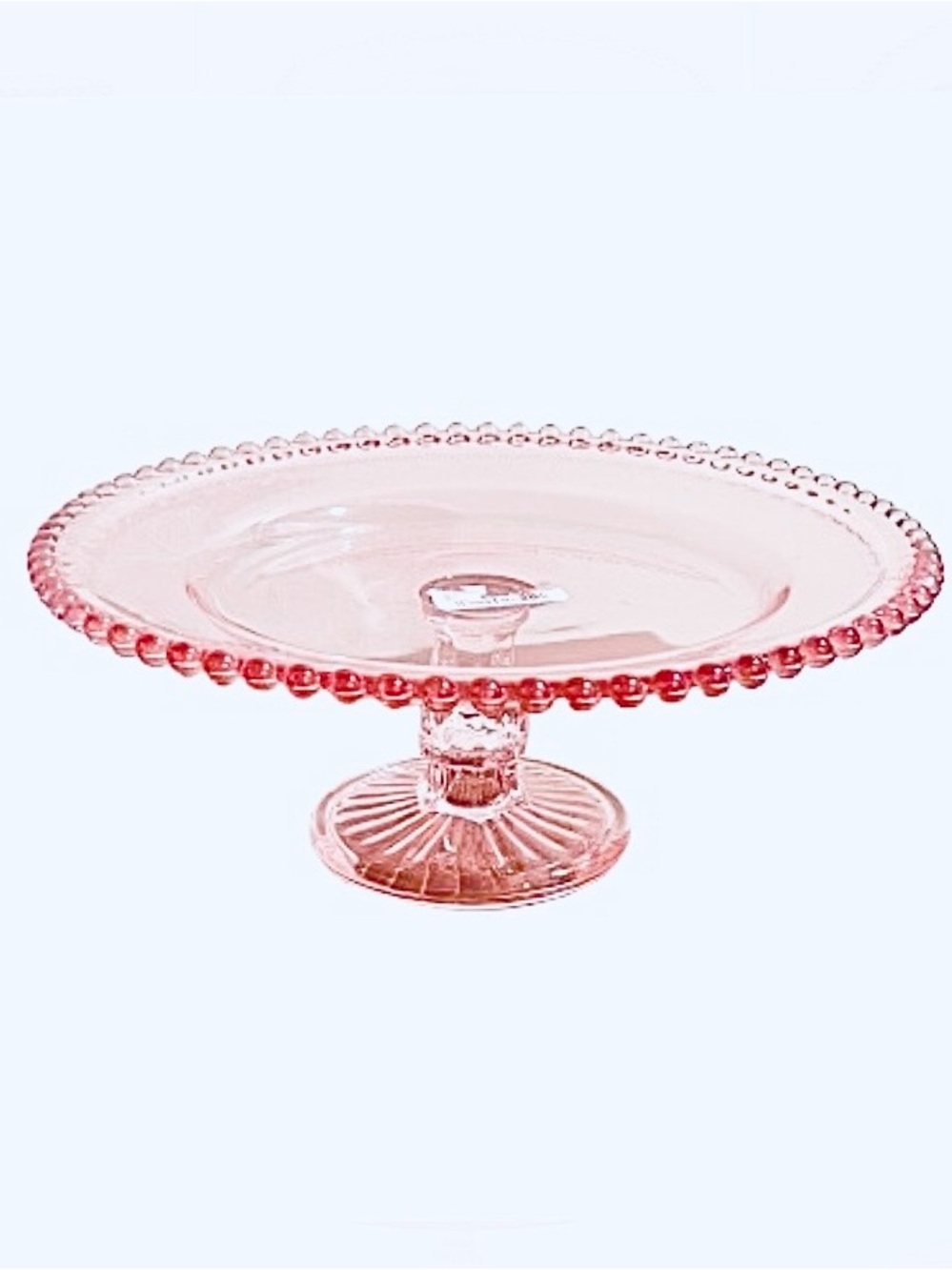 🆕- Pink Glass Pedestal Cake Stand with Beaded Hobnail Edge